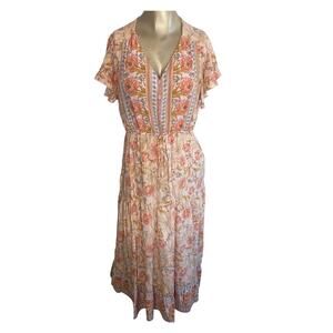 anna-kaci Dress Junior XL Floral Midi Maxi V Neck Boho Festival Flutter Sleeve
